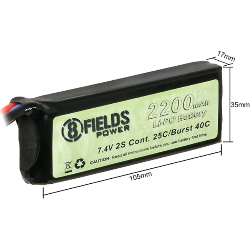 Airsoft Baterija - LiPo 7.4V 2200mAh 25/ 40 C 8Fields - Akumulators