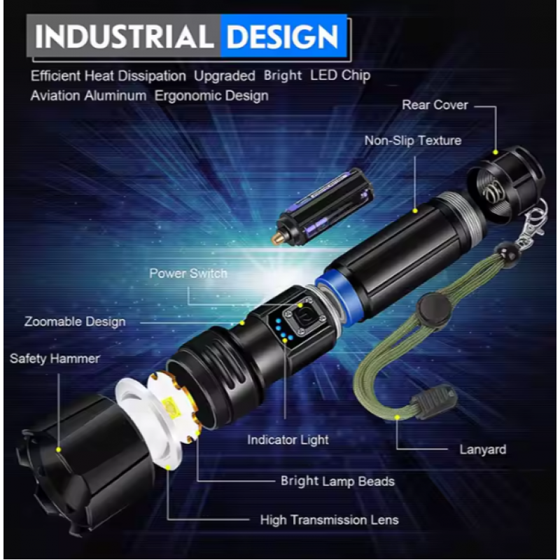 Taktiskais LED lukturis - 10000 Lumen High Power Waterproof Flash Light - Black