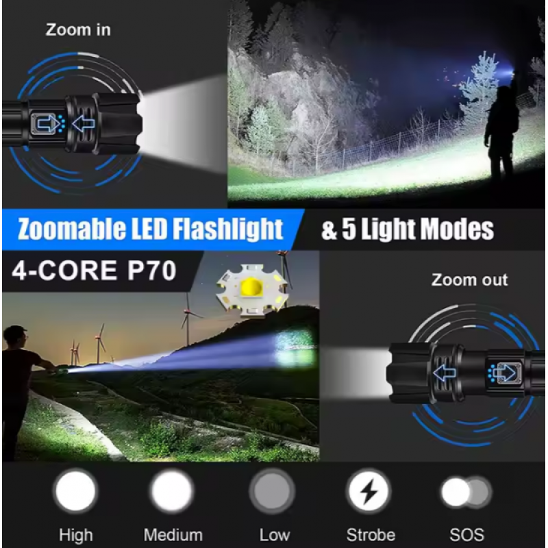 Taktiskais LED lukturis - 10000 Lumen High Power Waterproof Flash Light - Black