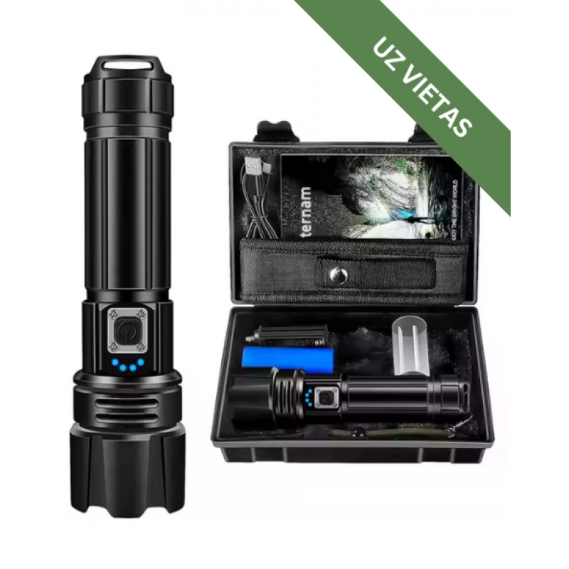 Taktiskais LED lukturis - 10000 Lumen High Power Waterproof Flash Light - Black